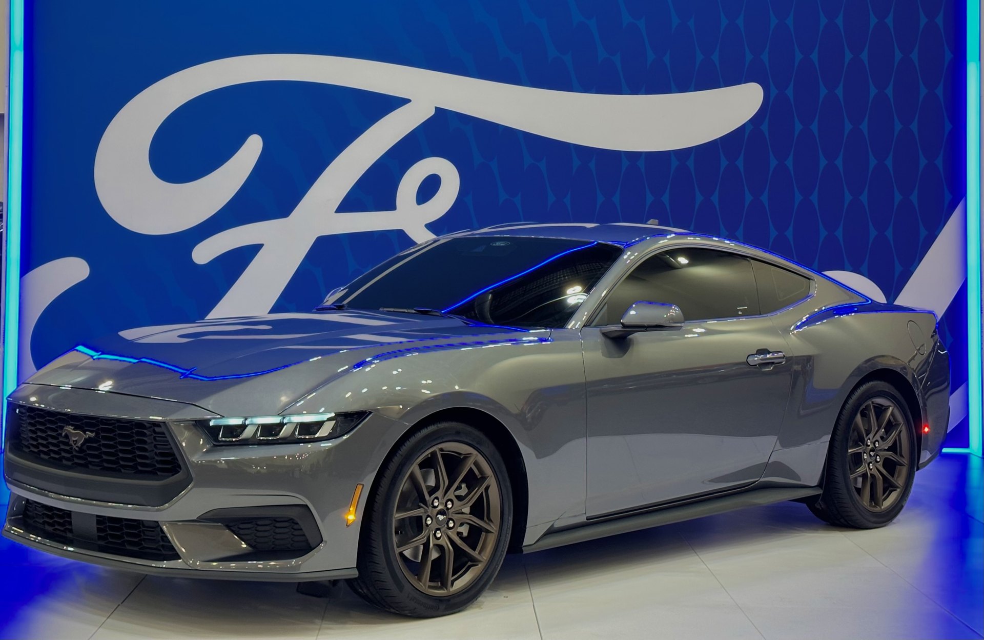 Glossy gray Ford Mustang with a detailed showroom finish